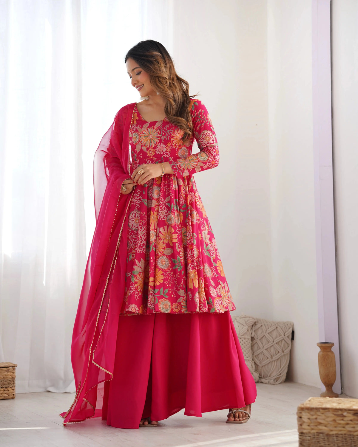 Dark Pink Discharge Print Suit, front view with dupatta draped
