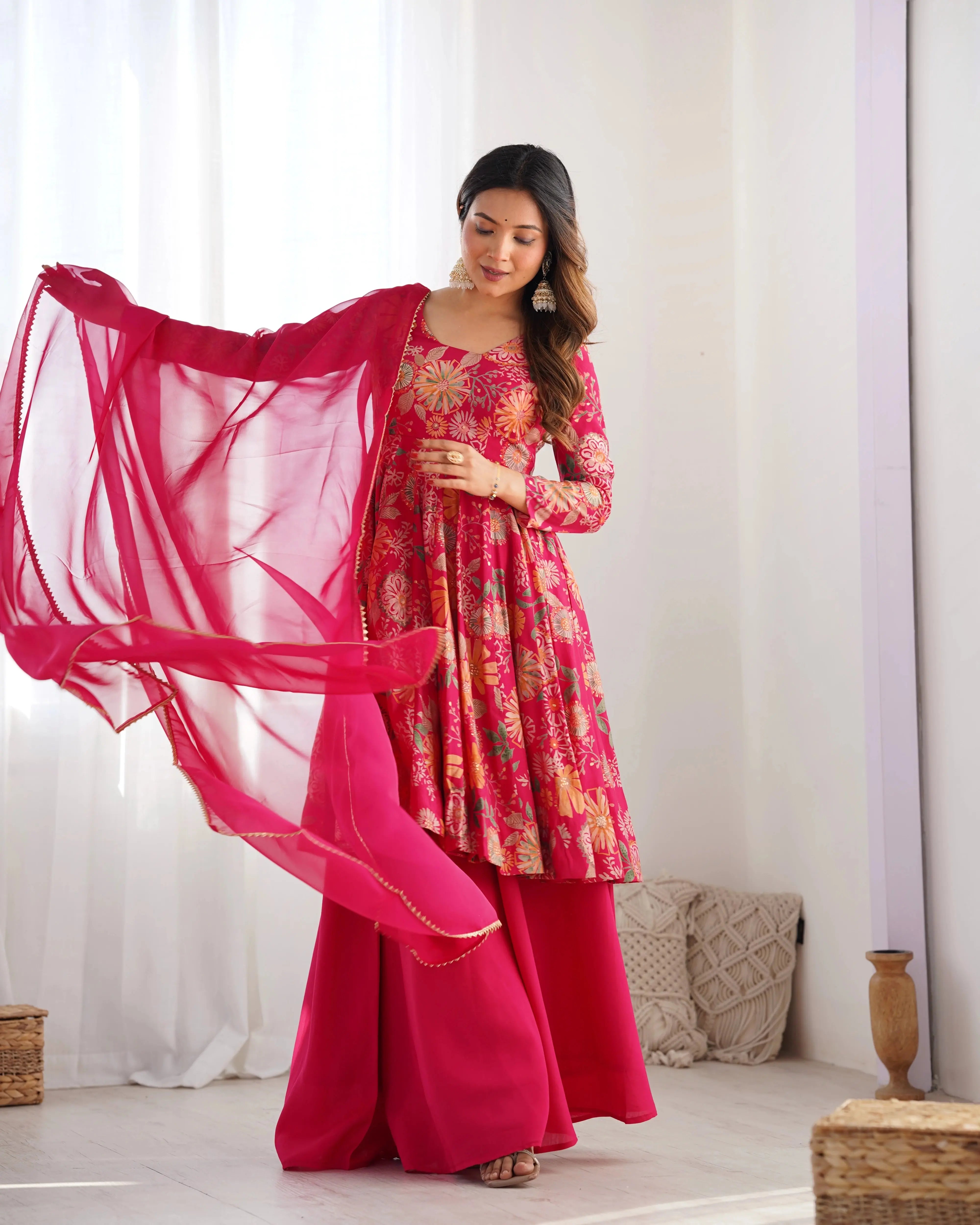 Dark Pink Discharge Print Suit, dupatta flowing in motion