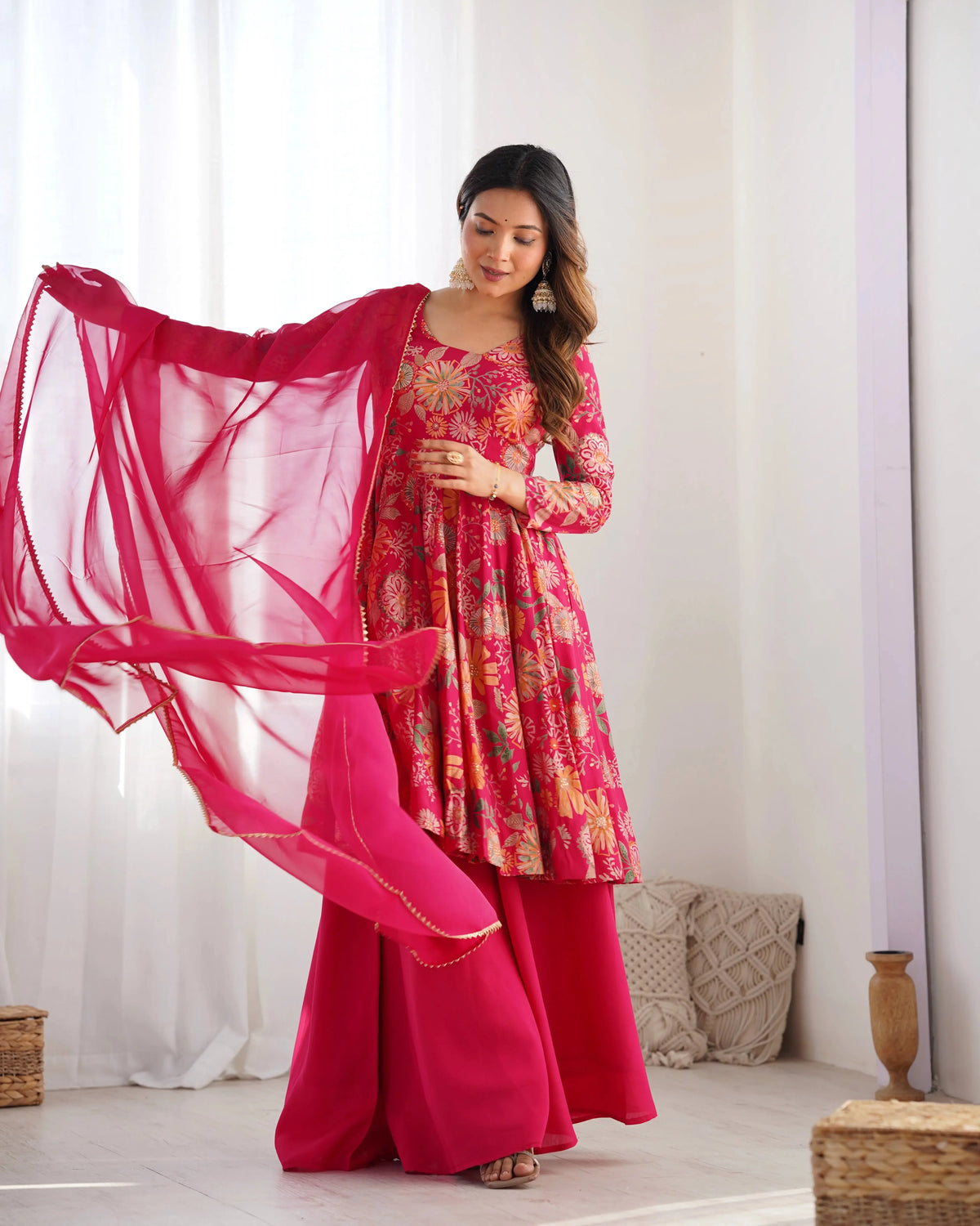 Dark Pink Discharge Print Suit, dupatta flowing in motion
