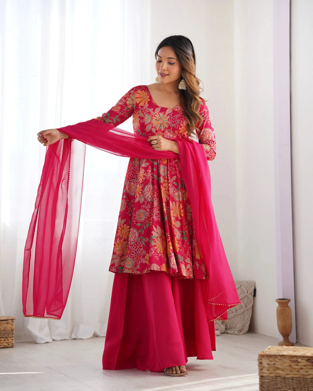 Dark Pink Discharge Print Suit, side view with dupatta movement