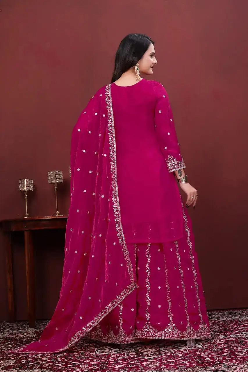 Dark Pink Sharara Suit Back View – Full Set with Floral Booti Dupatta and Embroidered Sharara