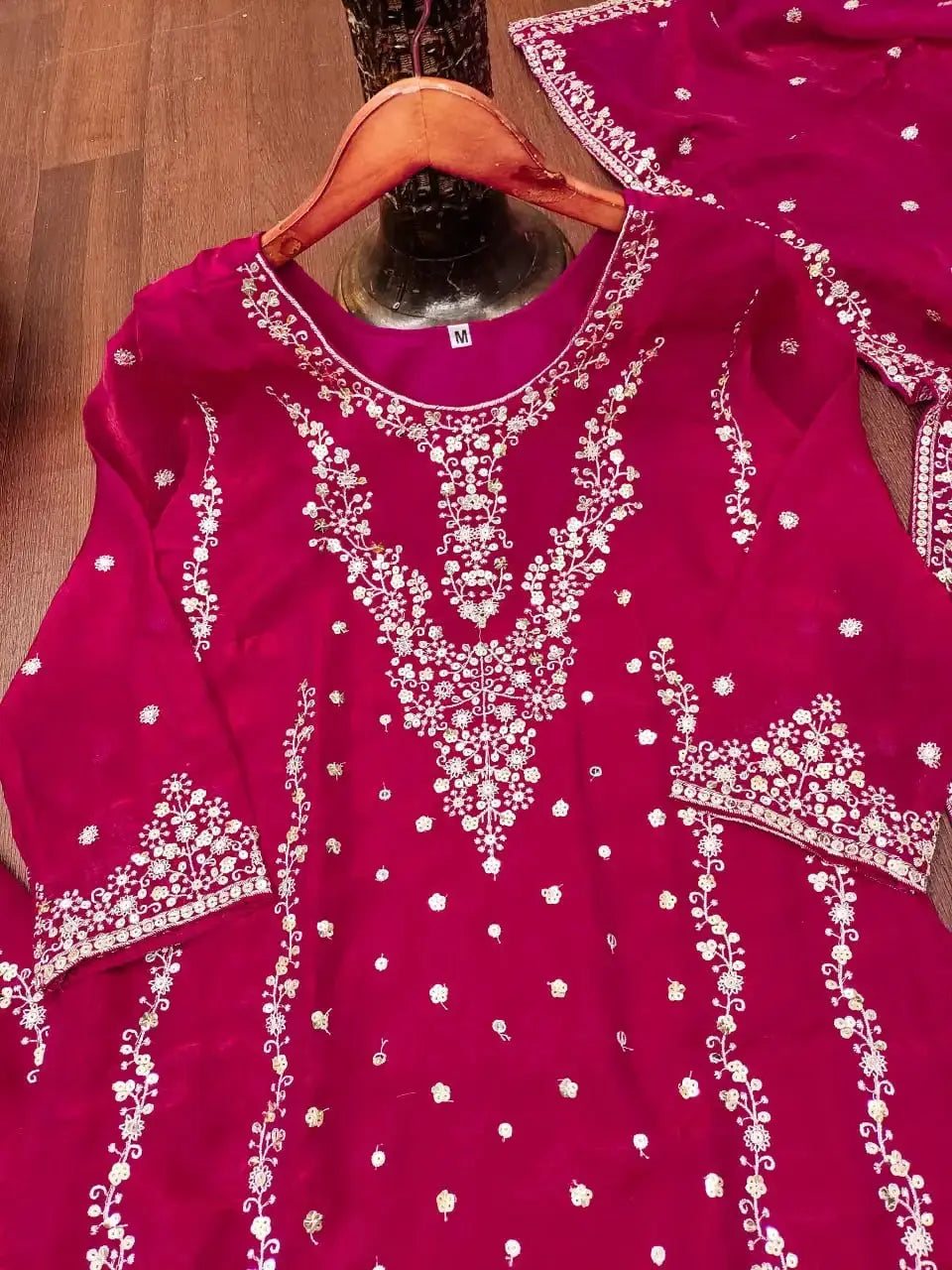 Dark Pink Sharara Suit Embroidery Detail – Dense Sequins V-Panel with Mirror Work on Kurta