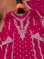 Dark Pink Sharara Suit Embroidery Detail – Dense Sequins V-Panel with Mirror Work on Kurta