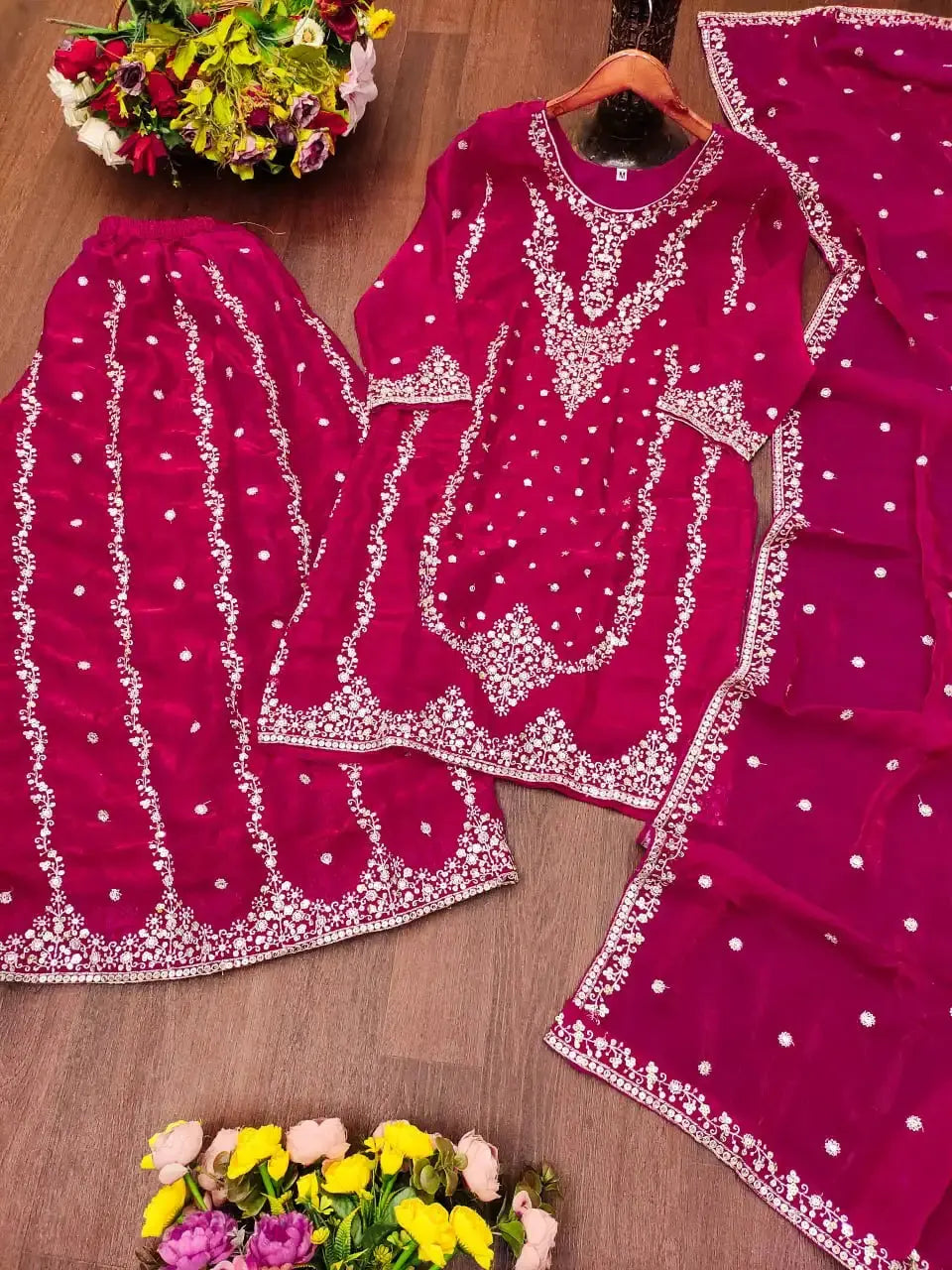 Dark Pink Sharara Suit Flat Lay – Full Set with Kurta, Sharara and Dupatta Displayed