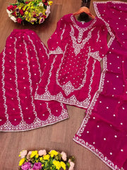 Dark Pink Sharara Suit Flat Lay – Full Set with Kurta, Sharara and Dupatta Displayed