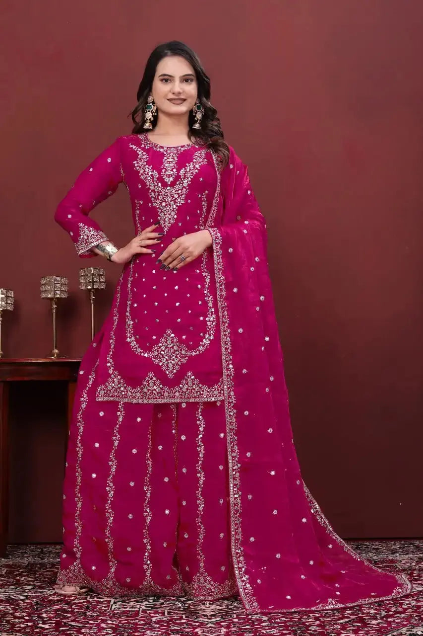 Dark Pink Sequins Embroidered Sharara Suit – Full Front View with Fendy Silk Blend and Floral Booti Dupatta