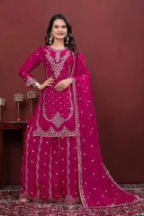 Dark Pink Sequins Embroidered Sharara Suit – Full Front View with Fendy Silk Blend and Floral Booti Dupatta