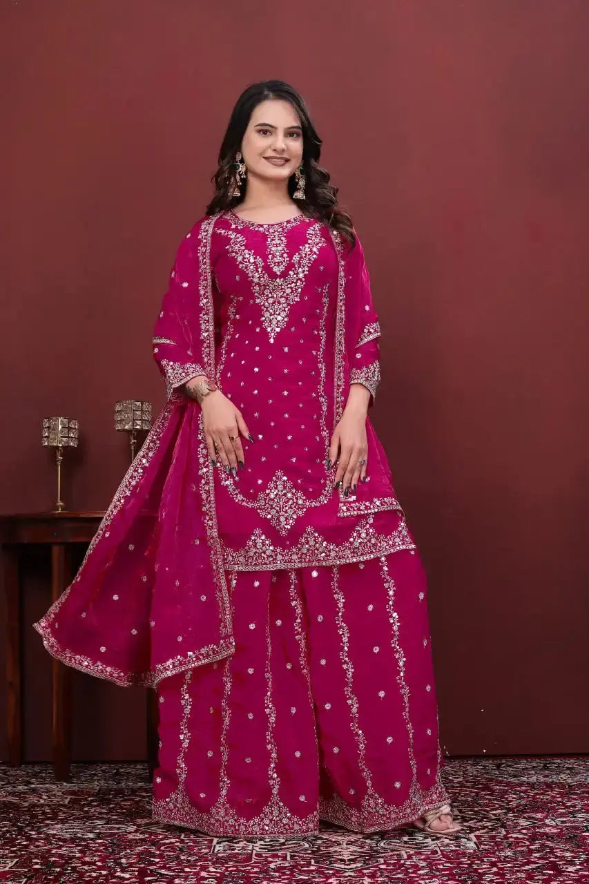 Dark Pink Sequins Embroidered Suit – Sharara Bottom with Full Embroidered Panels KU223