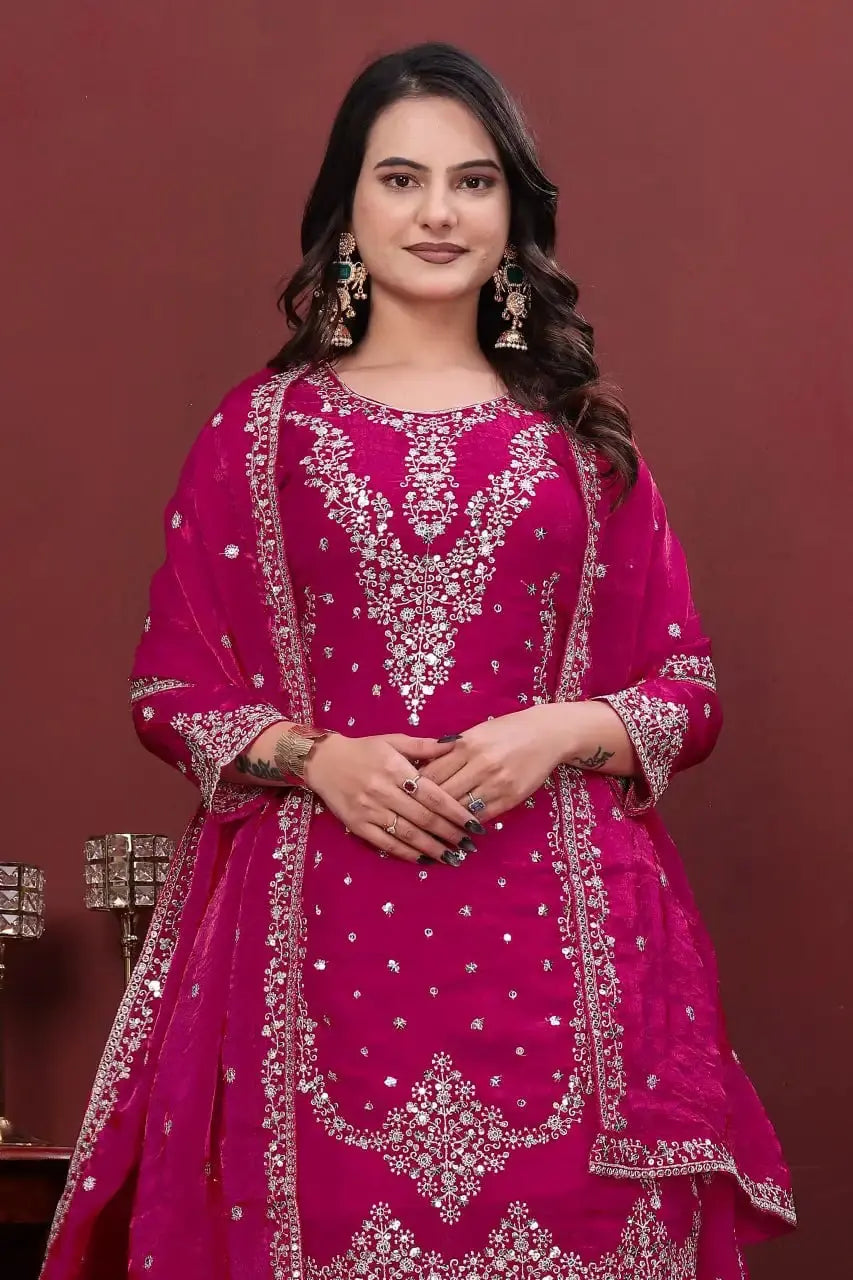 Dark Pink Sharara Suit Portrait – V-Panel Sequins Embroidery on Kurta Neckline Close-Up