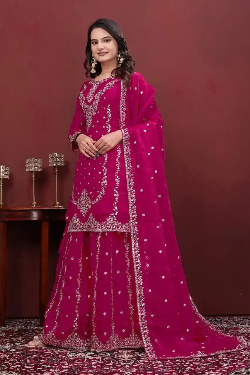 Dark Pink Sharara Suit with Dupatta Spread – Heavy Sequins Embroidery on Kurta and Sharara