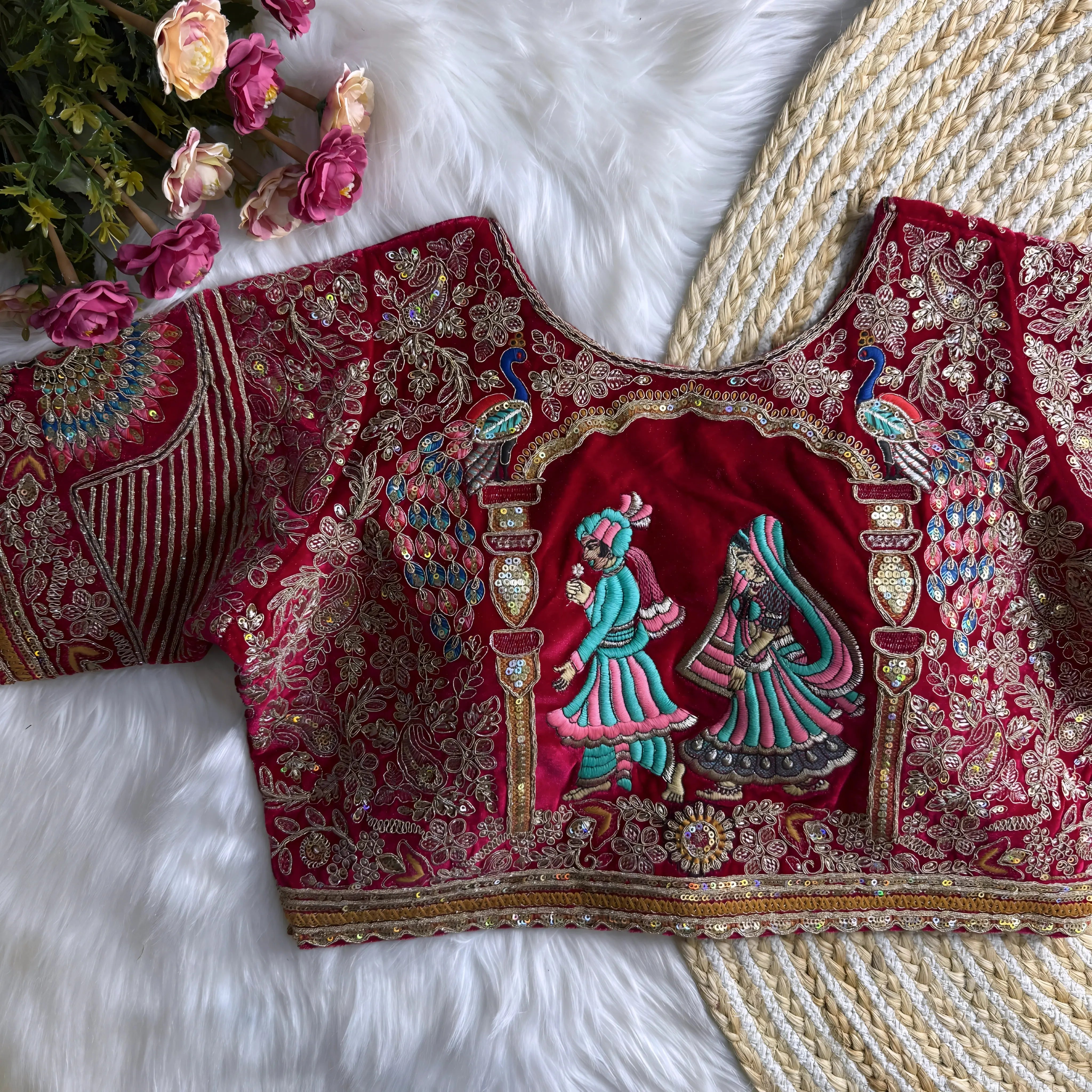 Traditional maroon silk blouse featuring intricate gold zardosi embroidery with floral and peacock motifs, sequin embellishments, geometric panel designs, and decorative border, displayed flat on a white fur surface with a braided natural mat and pink artificial flowers in the corner.