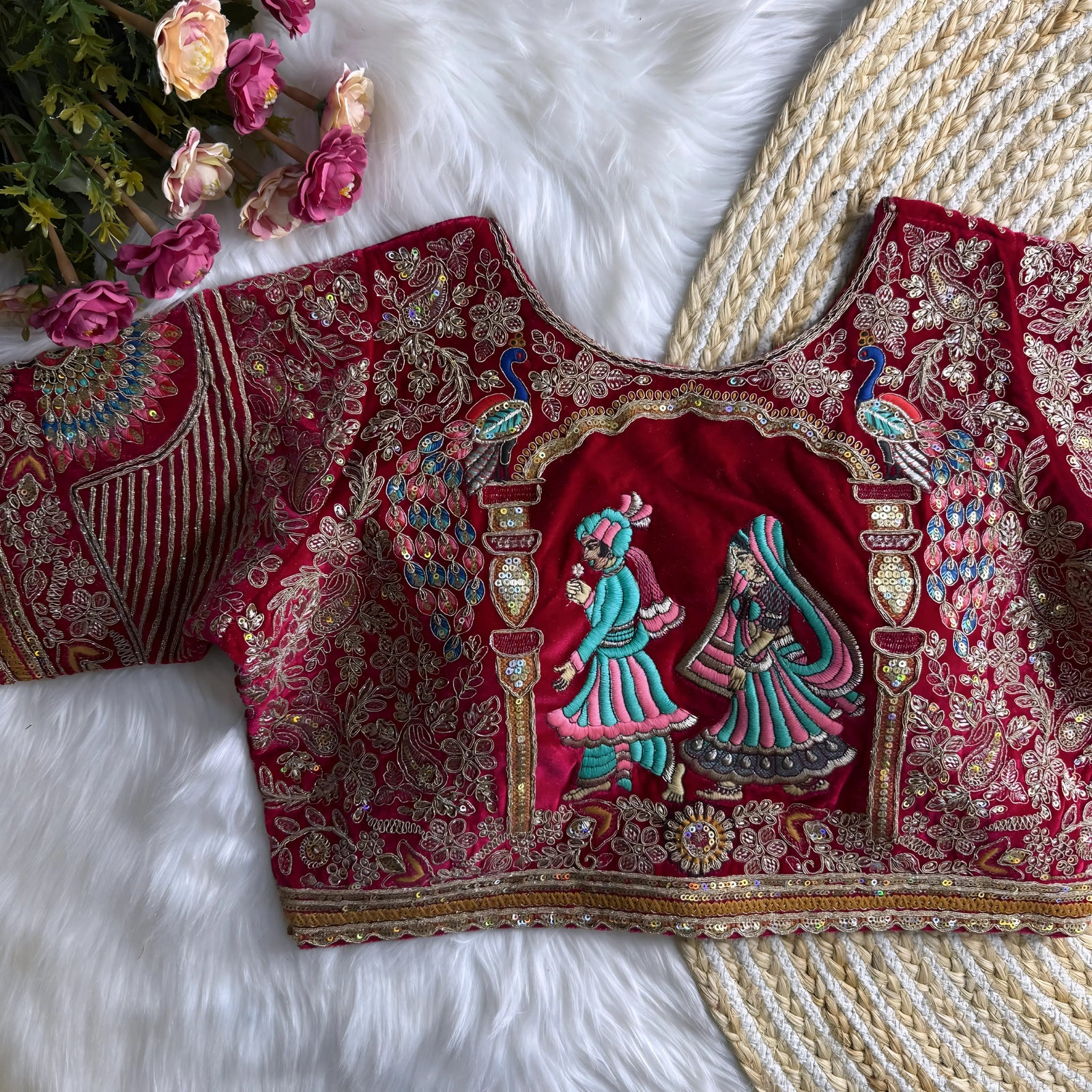 Traditional maroon silk blouse featuring intricate gold zardosi embroidery with floral and peacock motifs, sequin embellishments, geometric panel designs, and decorative border, displayed flat on a white fur surface with a braided natural mat and pink artificial flowers in the corner.