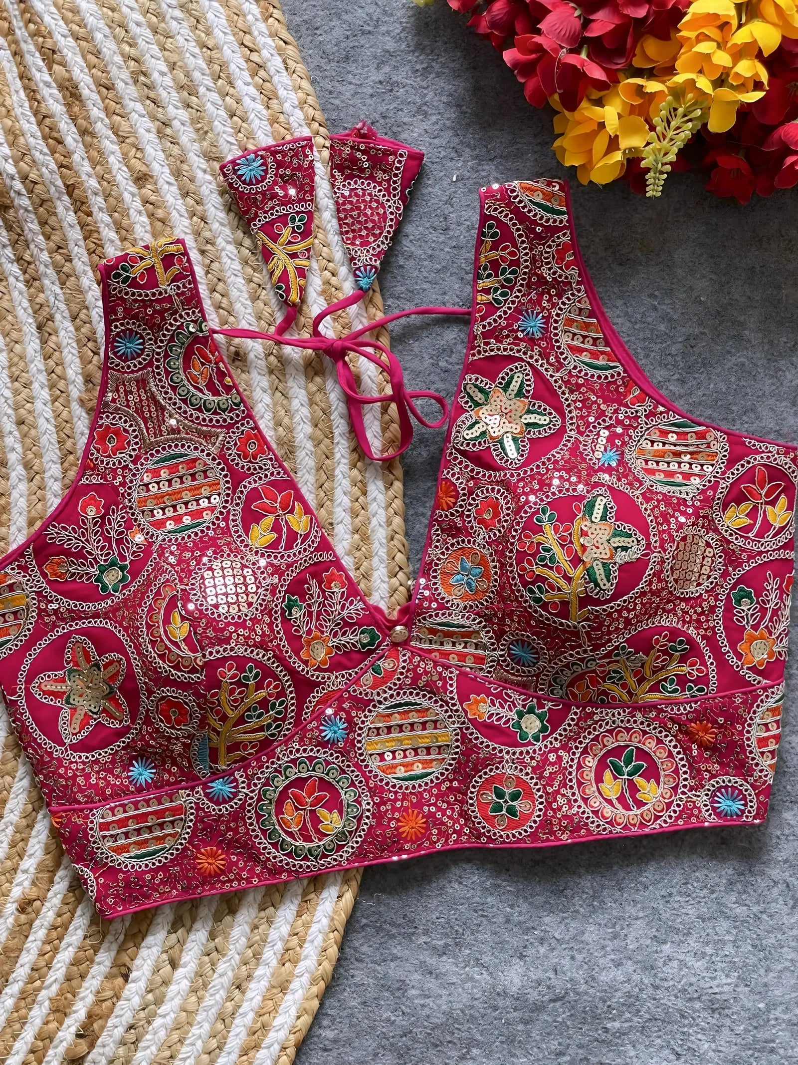  Traditional magenta blouse featuring vibrant multicolor thread embroidery and mirror work in circular floral and geometric patterns, with a deep V-neck and tie-back detail, displayed flat on a textured mat with artificial red and yellow flowers in the corner.
