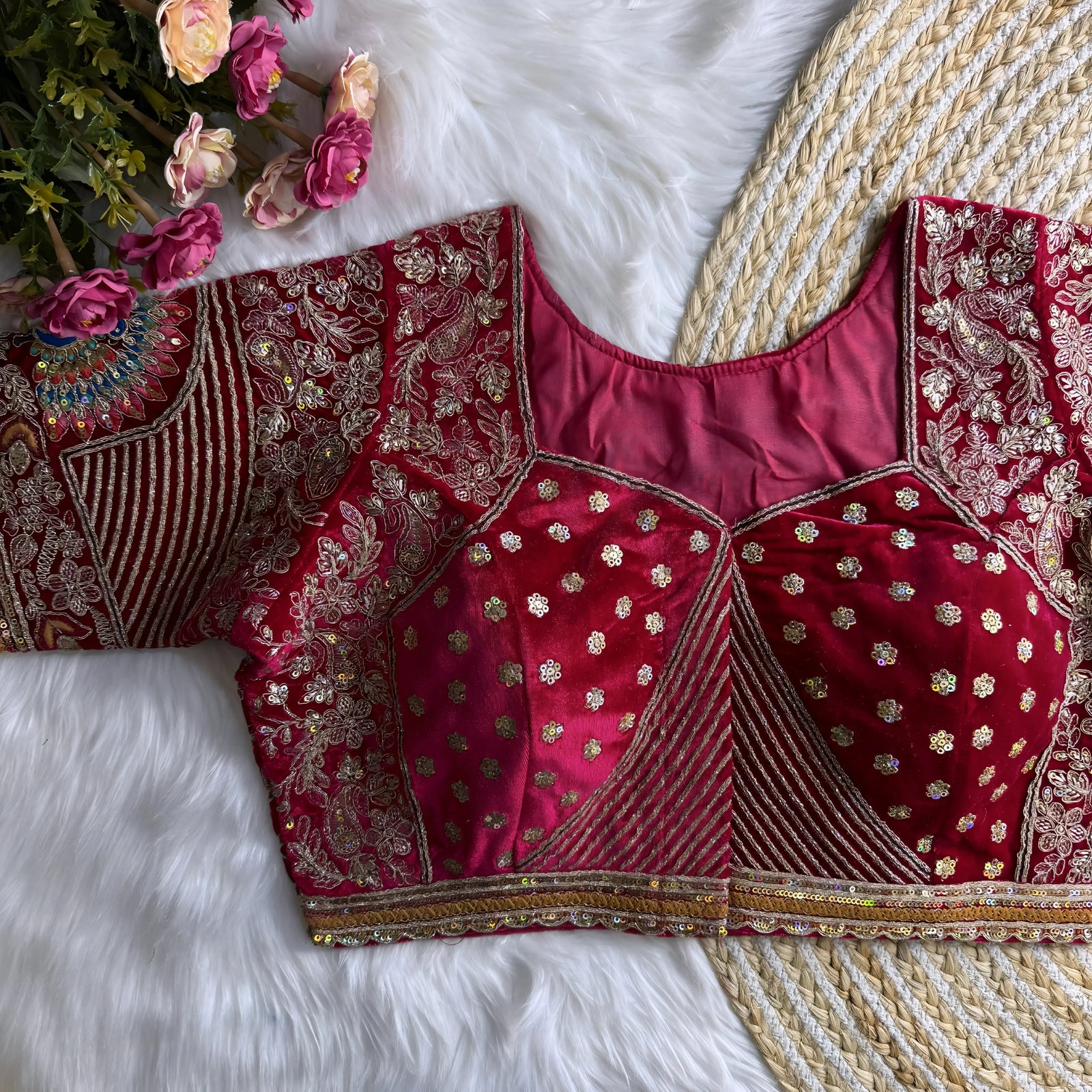 Traditional maroon silk blouse featuring intricate gold zardosi embroidery with floral and peacock motifs, sequin embellishments, geometric panel designs, and decorative border, displayed flat on a white fur surface with a braided natural mat and pink artificial flowers in the corner.