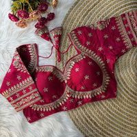 Dark Pink Zari Embroidery & Sequins Work Silk Blouse