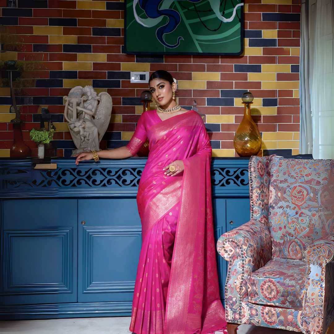 Dark Pink Zari Weaving Banarasi Raw Silk Saree