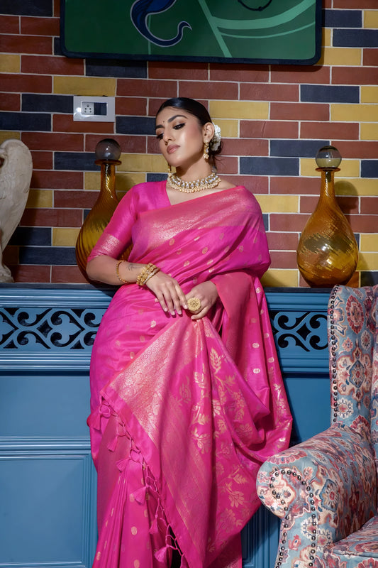 Dark Pink Zari Weaving Banarasi Raw Silk Saree