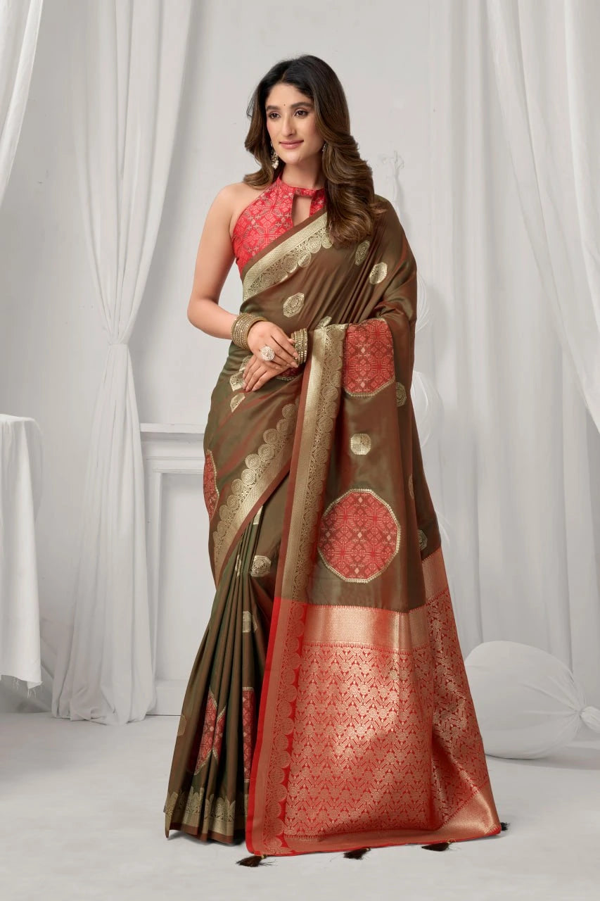 Woman wearing a brown and red saree with a white curtain background