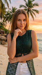 Woman standing on a beach with palm trees and sunset in the background
