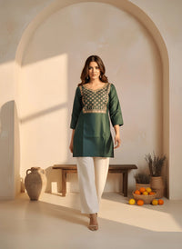 Dark Green Embroidered Short Kurti