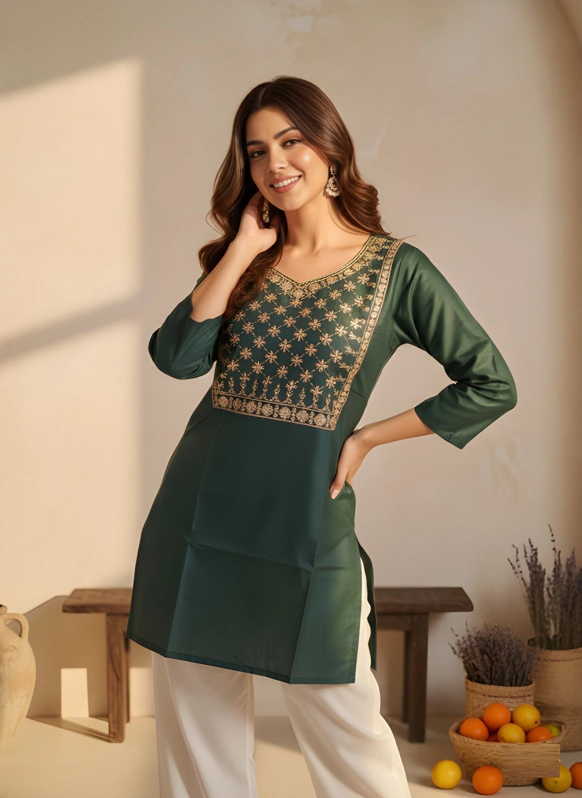 Woman wearing a green embroidered kurta with white pants in a home setting.