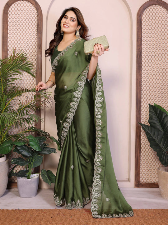 Dark Green Satin Chiffon Saree