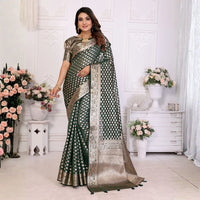 Dark Green Gold Zari Weaving Soft Organza Banarasi Silk Saree