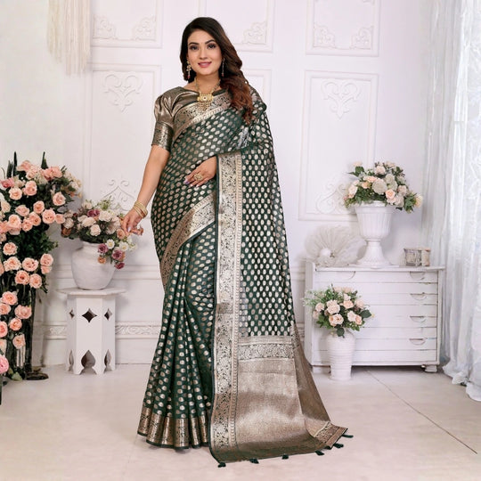 Dark Green Gold Zari Weaving Soft Organza Banarasi Silk Saree – Kalyanja
