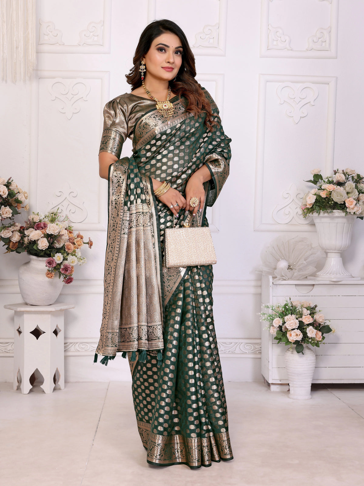 Dark Green Gold Zari Weaving Soft Organza Banarasi Silk Saree – Kalyanja
