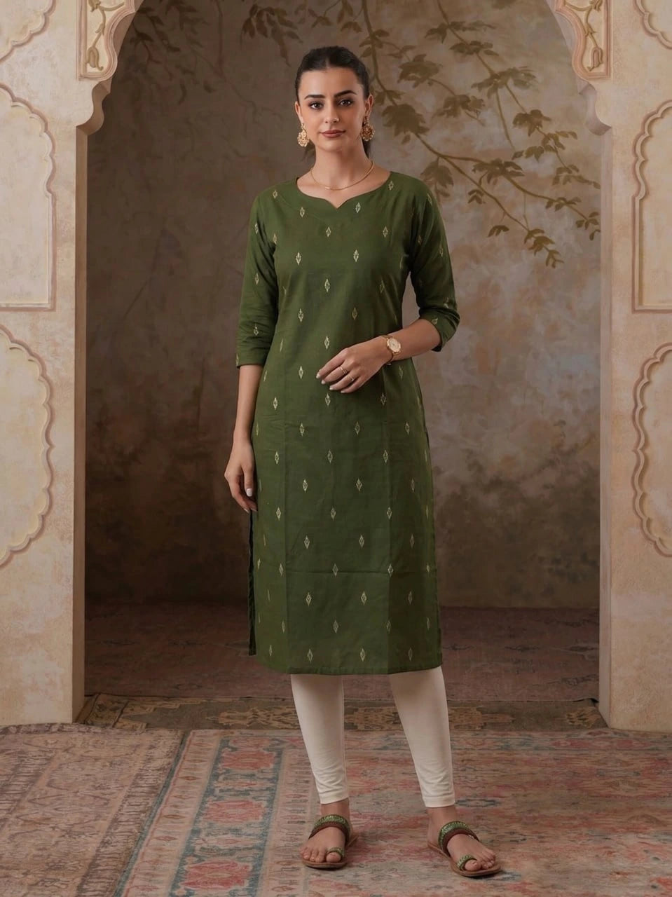 Woman wearing a green kurta with white pants in an ornate room.