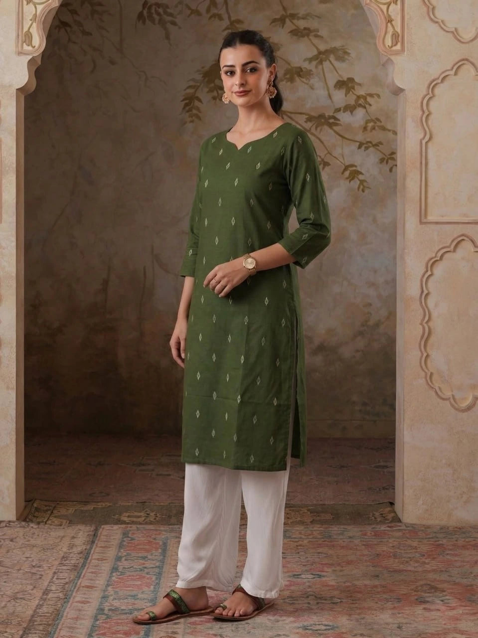 Woman wearing a green kurta with white pants in an ornate room.