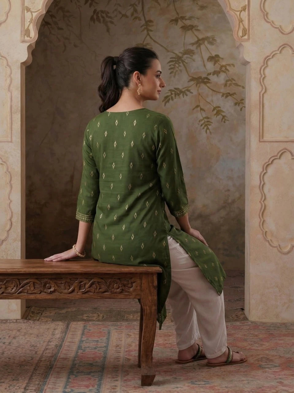 Woman in a green traditional outfit standing in an ornate room.