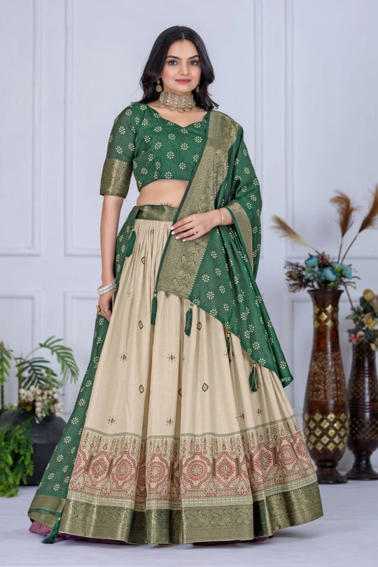 Woman wearing a green and beige traditional outfit with a white background