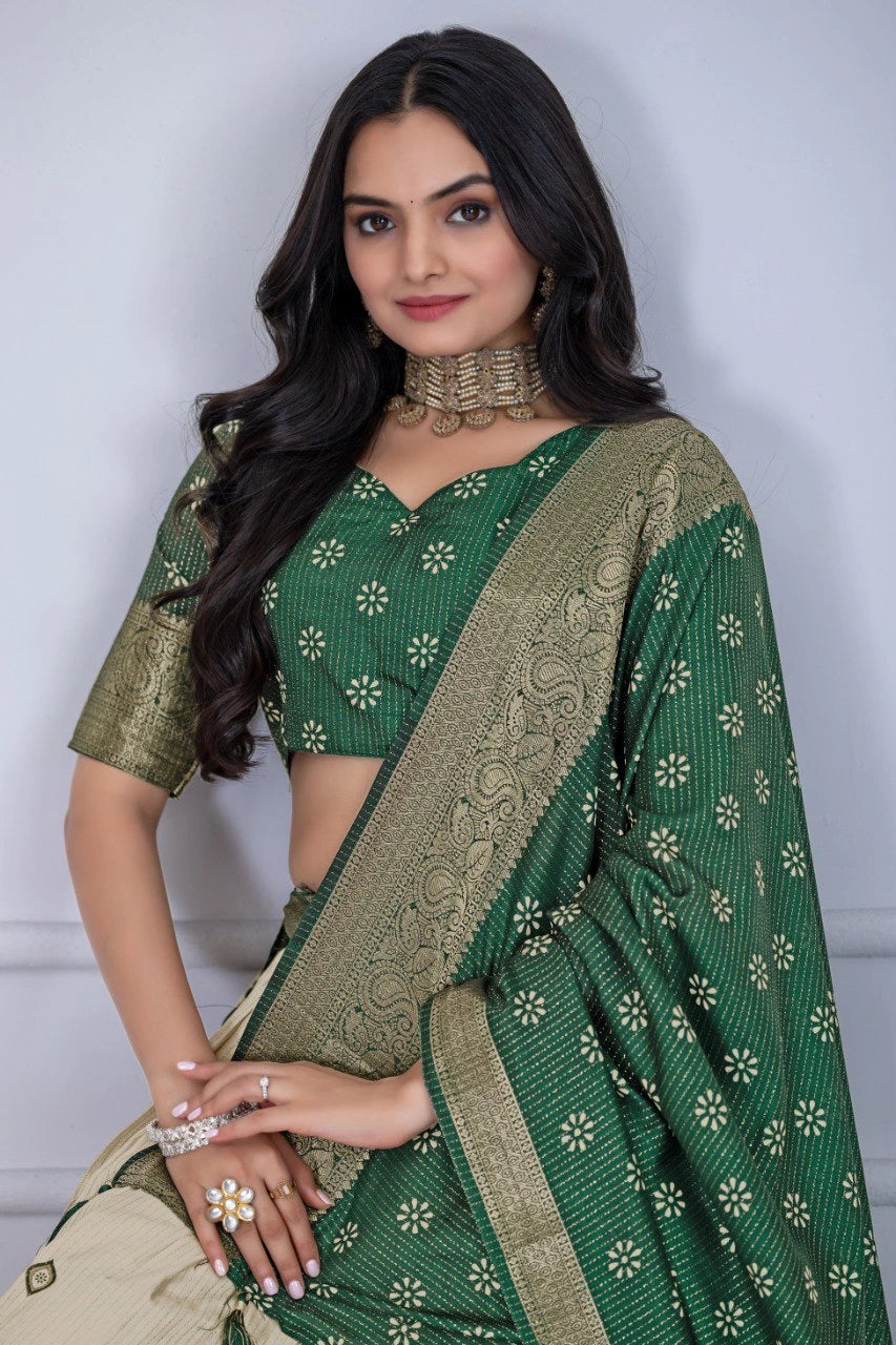 Woman wearing a green saree with a white background