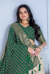 Woman wearing a green saree with a white background