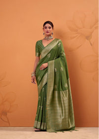 Dark Green Zari Weaving Handloom Tusser Saree