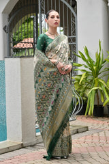 Elegant soft Banarasi silk saree in deep green shade featuring intricate zari border and pallu.