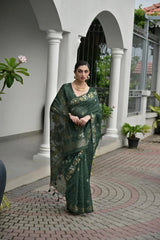 Woman in a green saree standing on a paved area with plants and a building in the background