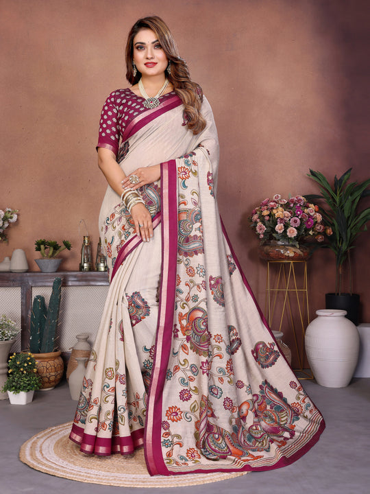Dark Maroon & Beige Kalamkari Print Mul Cotton – Kalyanja
