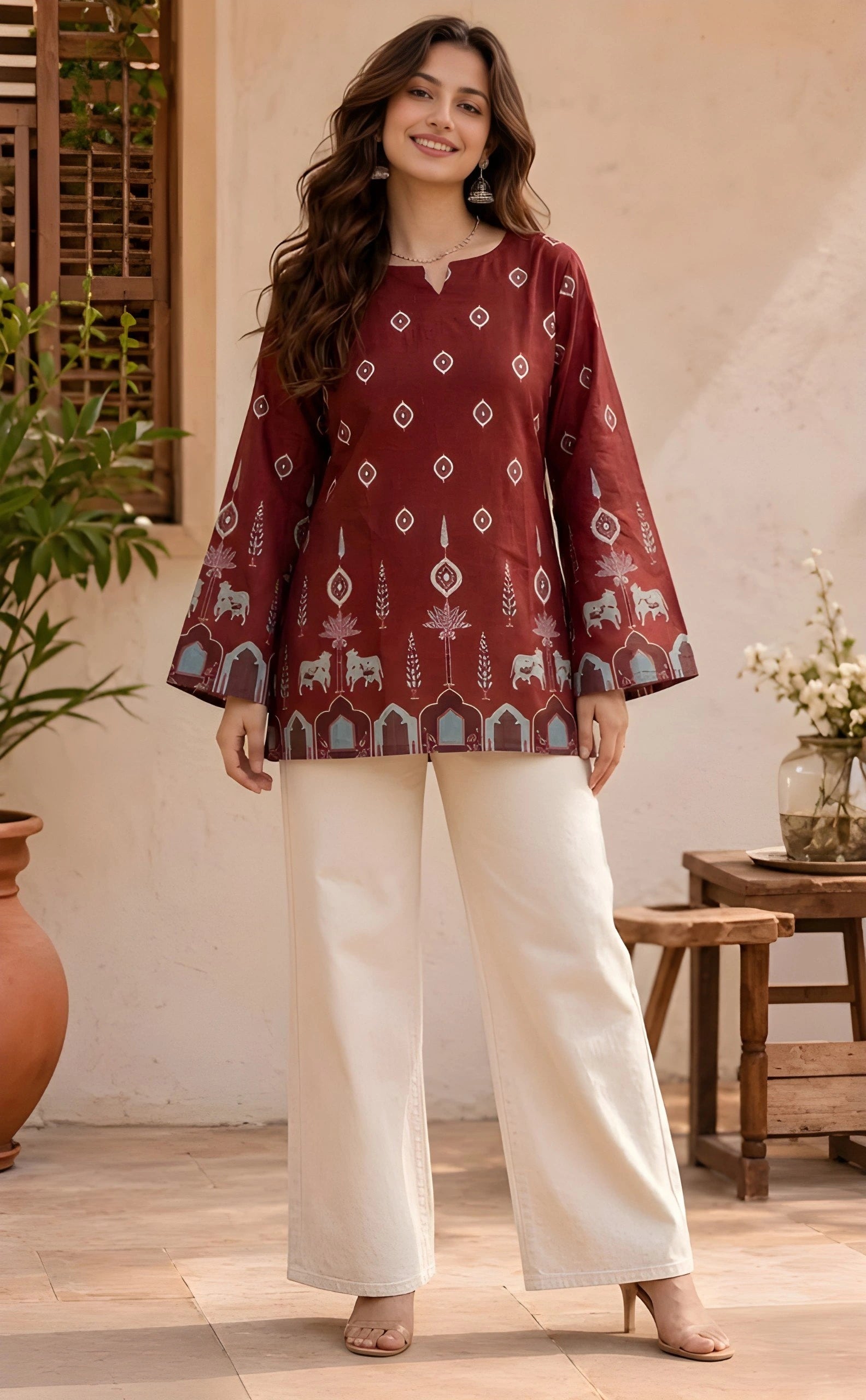 Woman wearing a maroon patterned top and white pants standing in a home setting.