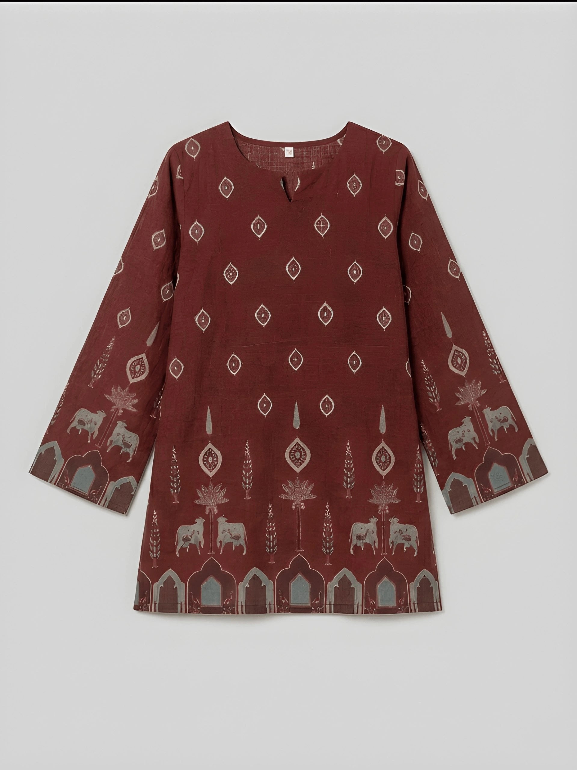 Maroon dress with pattern on a white background