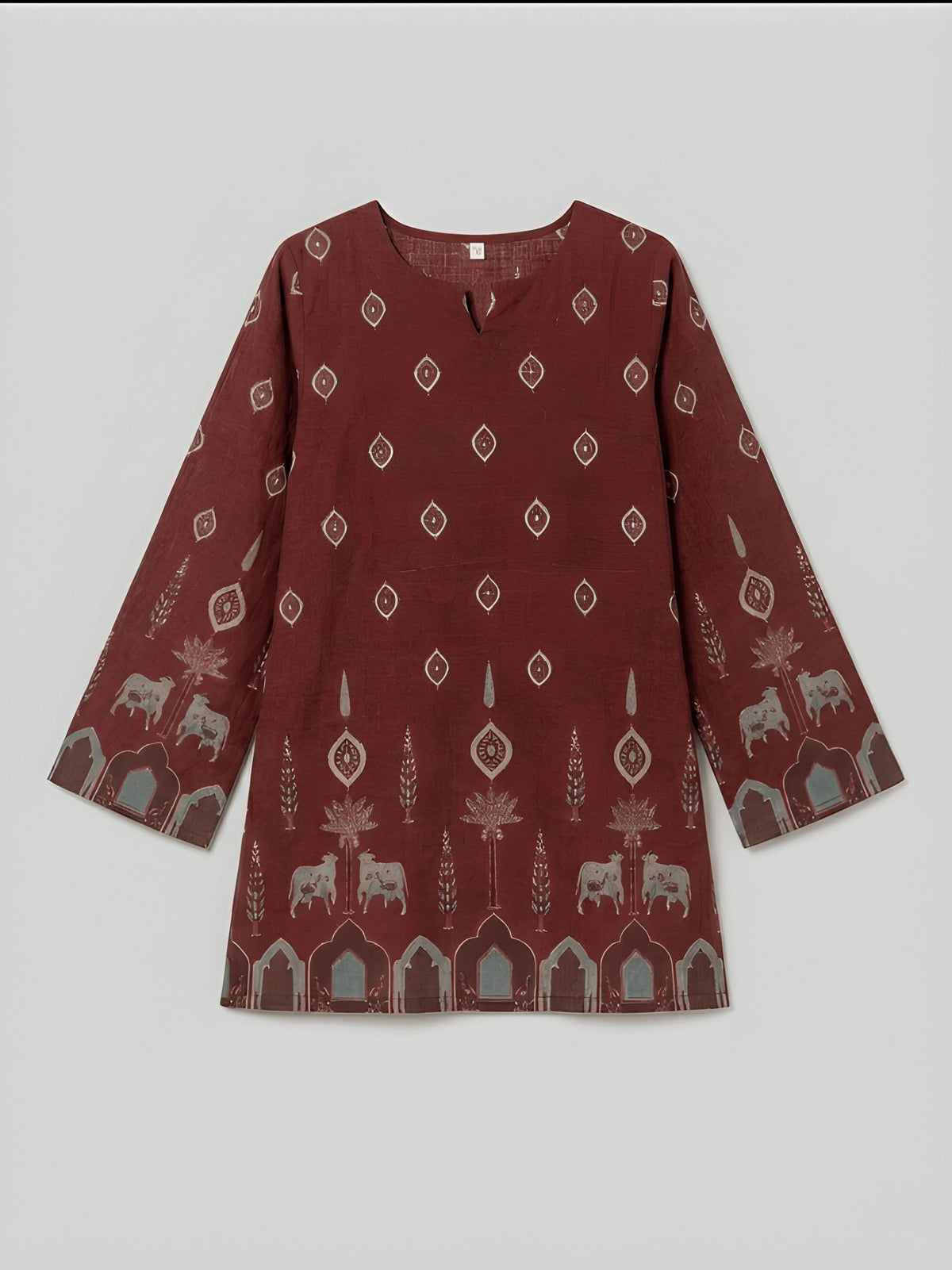 Maroon dress with pattern on a white background