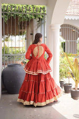 Traditional Indian Burnt Orange Lehenga Choli featuring Elegant Flared Skirt, Full Sleeves, and Rich Gota Lace Work