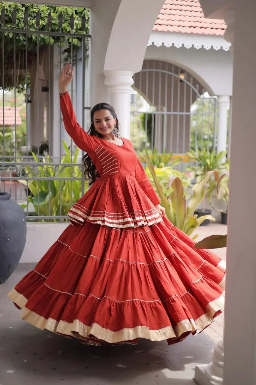 Stylish Women's Rust Orange Lehenga Choli with Flared Silhouette, Decorative Lace Detailing, and Ethnic Appeal