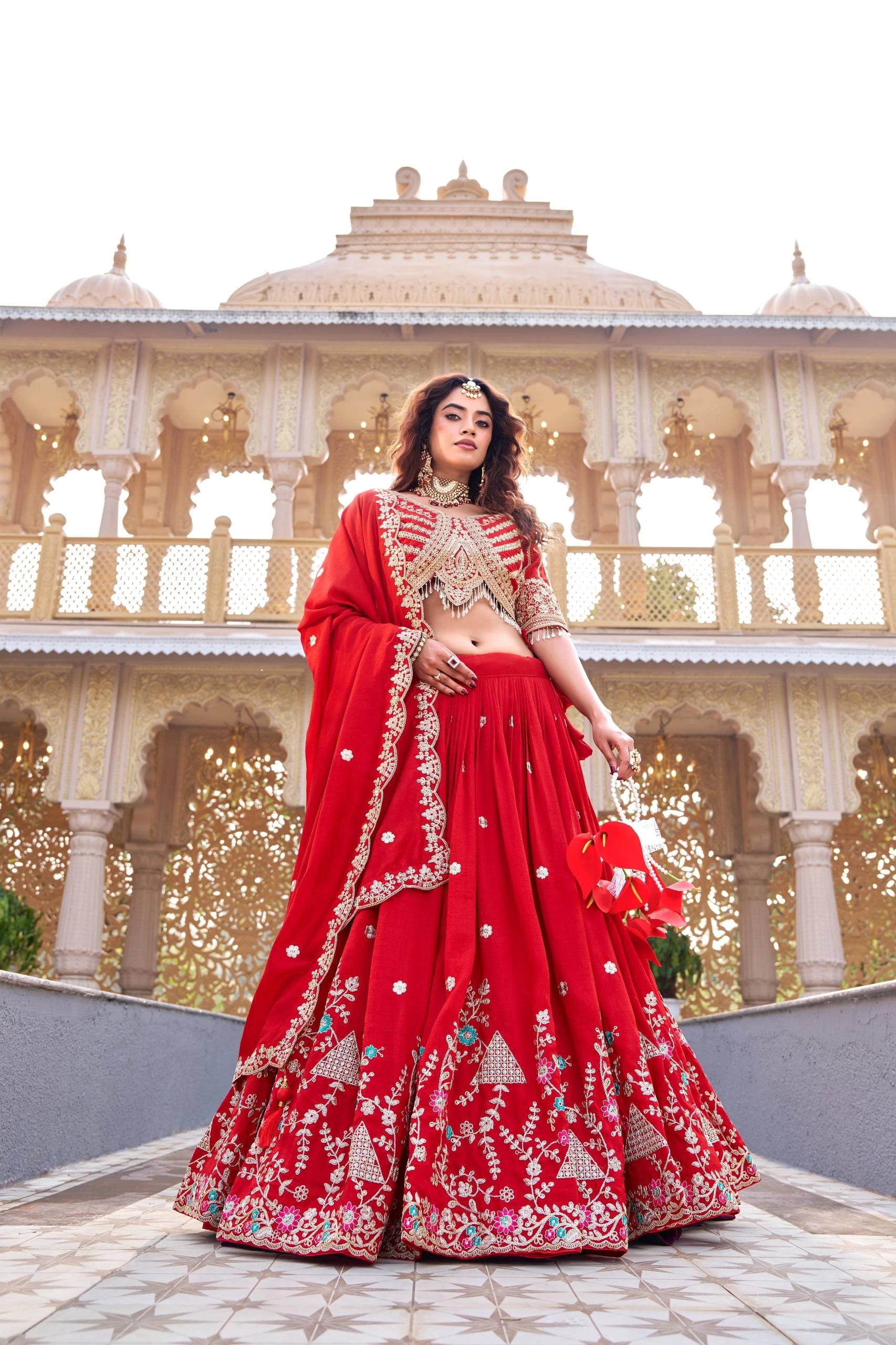 Dark Pastel Red Sequins Embroidered with Thread Work Pure Vichitra Lehenga
