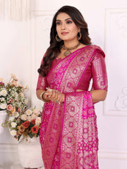 Woman wearing a pink saree with a white background