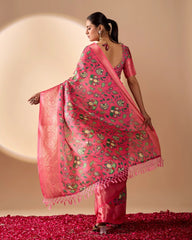 Woman in a pink traditional outfit with floral patterns on a beige background