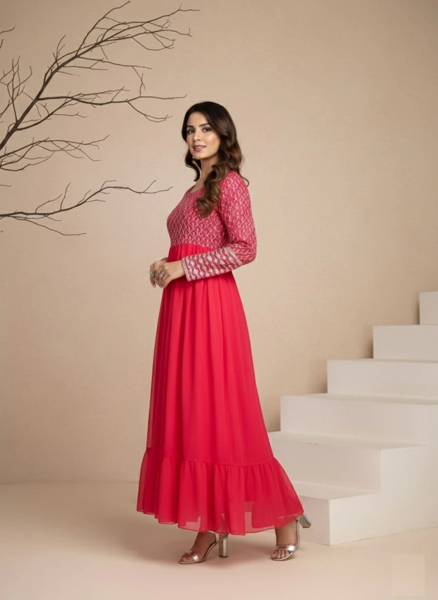 Deep Pink Embroidered Georgette Dress