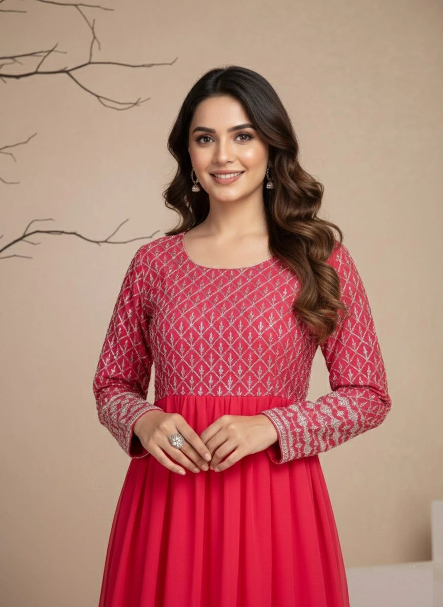 Woman wearing a red patterned dress against a beige background