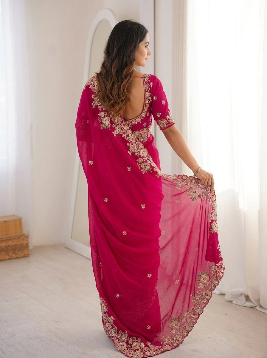 Woman wearing a pink saree with gold embroidery in a bright room.